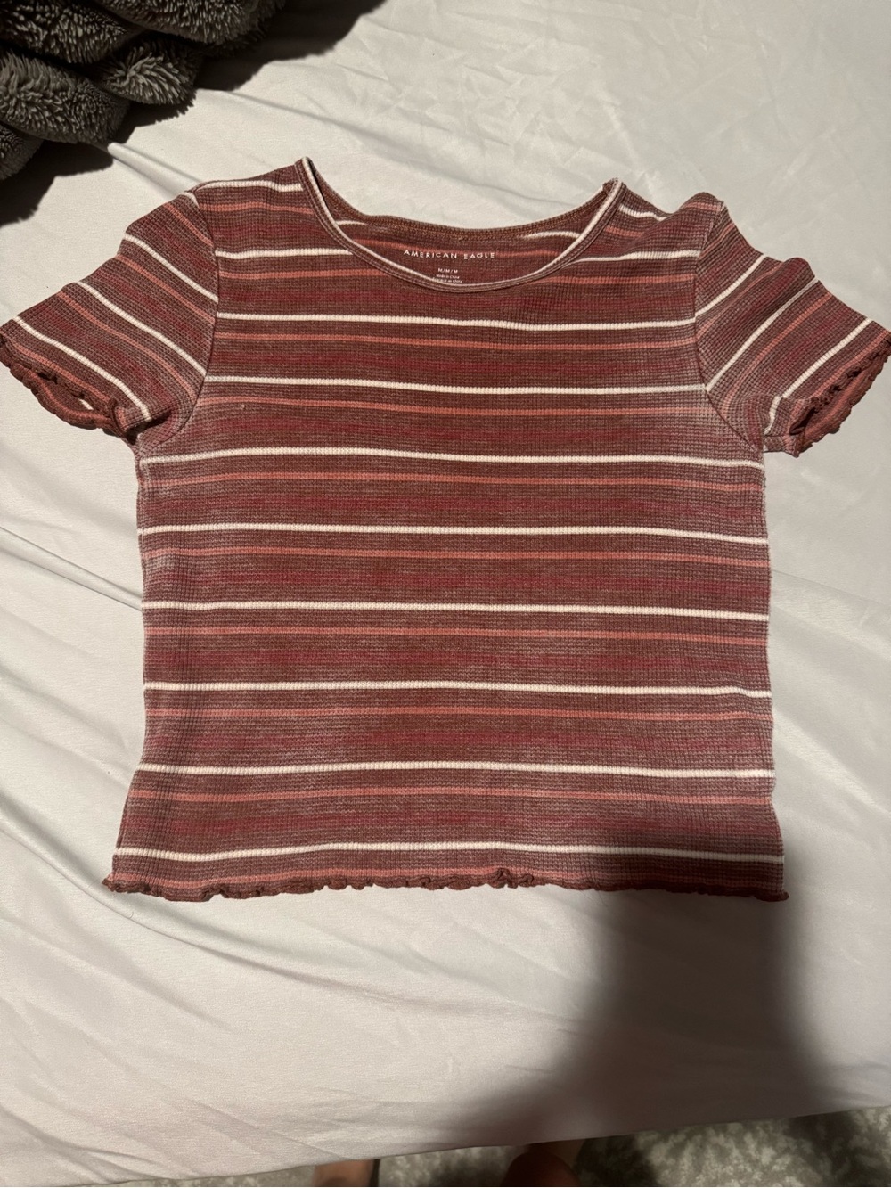 American Eagle Outfitters Red and White Striped Ribbed Short Sleeve Top